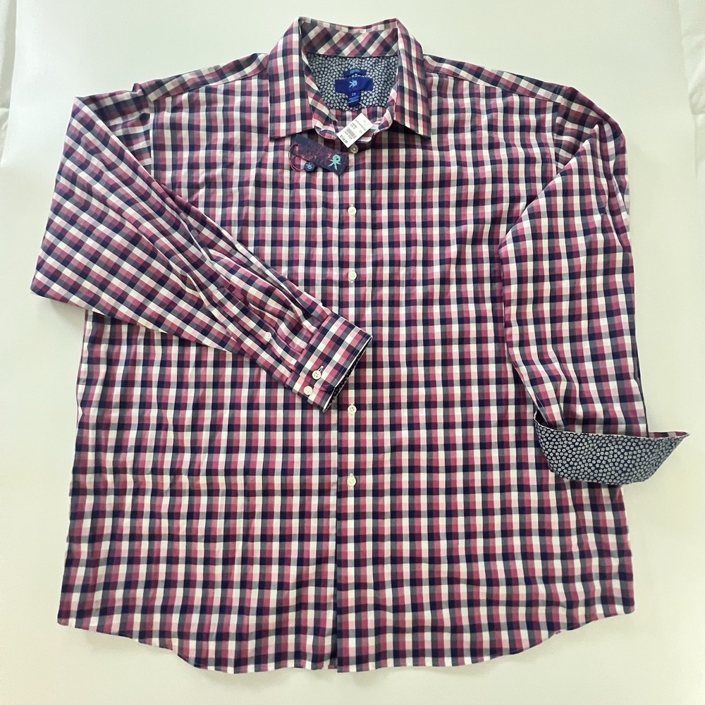 Egara Mens 2X Pink Navy Plaid Dress Shirt NWT Non-Iron Contrast Cuffs